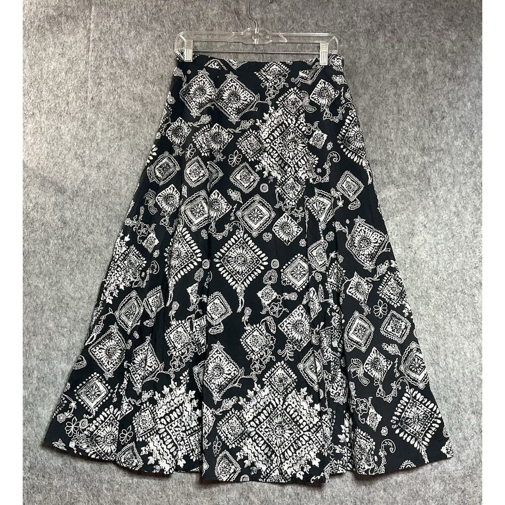 Coldwater Creek Skirt Womens 8 Black Geometric Cotton Maxi Cottage Prairie Boho